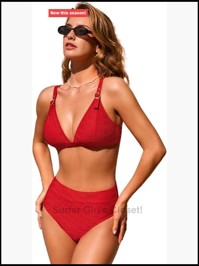 Textured V-Neck Bikini Set With Removable Cups And High Waist